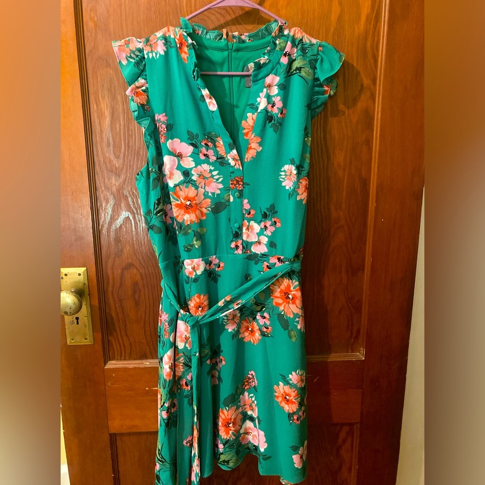 Green and pink floral tank midi dress.